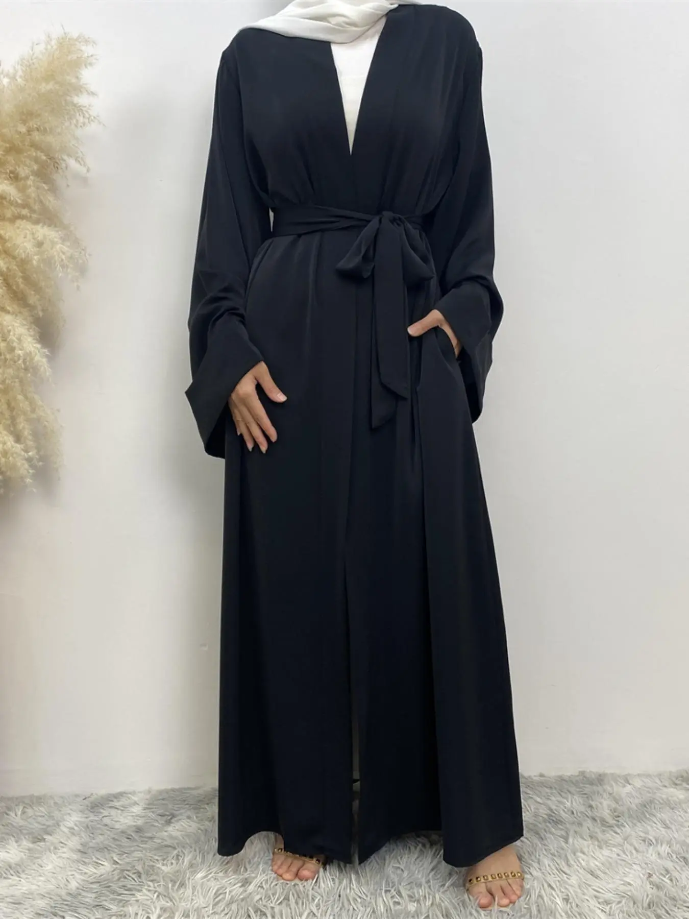 Solid Color Kimono Sleeve Belted Pocket Wrap Loose Maxi Abaya, Modest Chic V-Neck Long Sleeve Abaya, Women's Islamic Clothing for Spring & Fall, Modesty Muslim Clothing, Modest Muslim Outfits, Muslim Dresses, Islamic Modesty Clothes