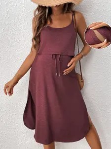 Maternity Summer Casual Solid Color Side Slit Nursing Cami Dress cute outfits affordable clothes comfy clothing