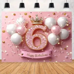 Pink Princess 6th Birthday 2D Flat Backdrop Banner - 1pc Polyester Shimmer Wall Backdrop with Crown, Balloon, Sparkle Star Ornaments for Photo Booths, Celebrations (Festive & Party Home Supplies)