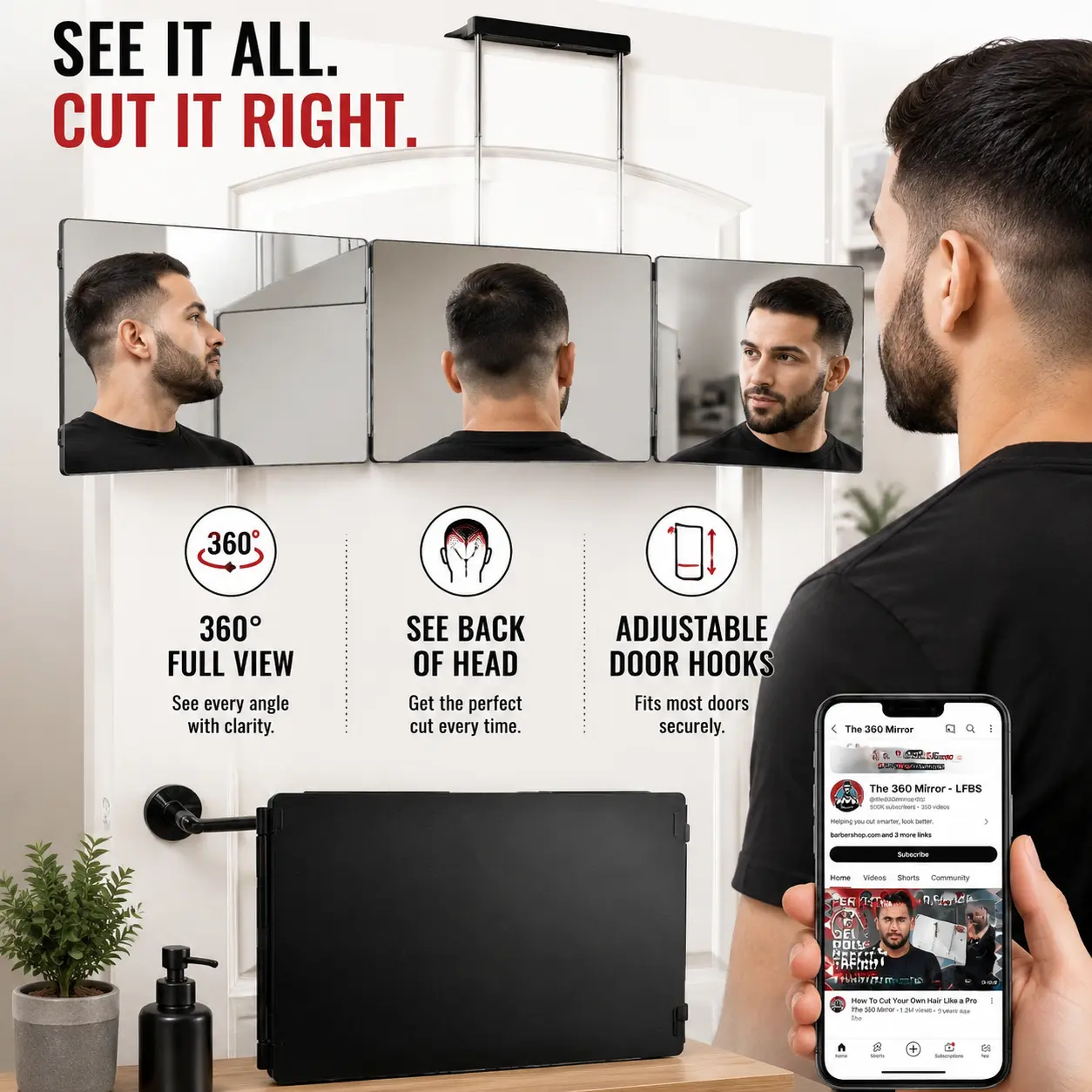 3-Way View Rotatable Adjustable Trifold Design Bathroom Mirror - Foldable Grooming Tool for Men - Comprehensive Viewing for Precision Haircuts, See Back of Head