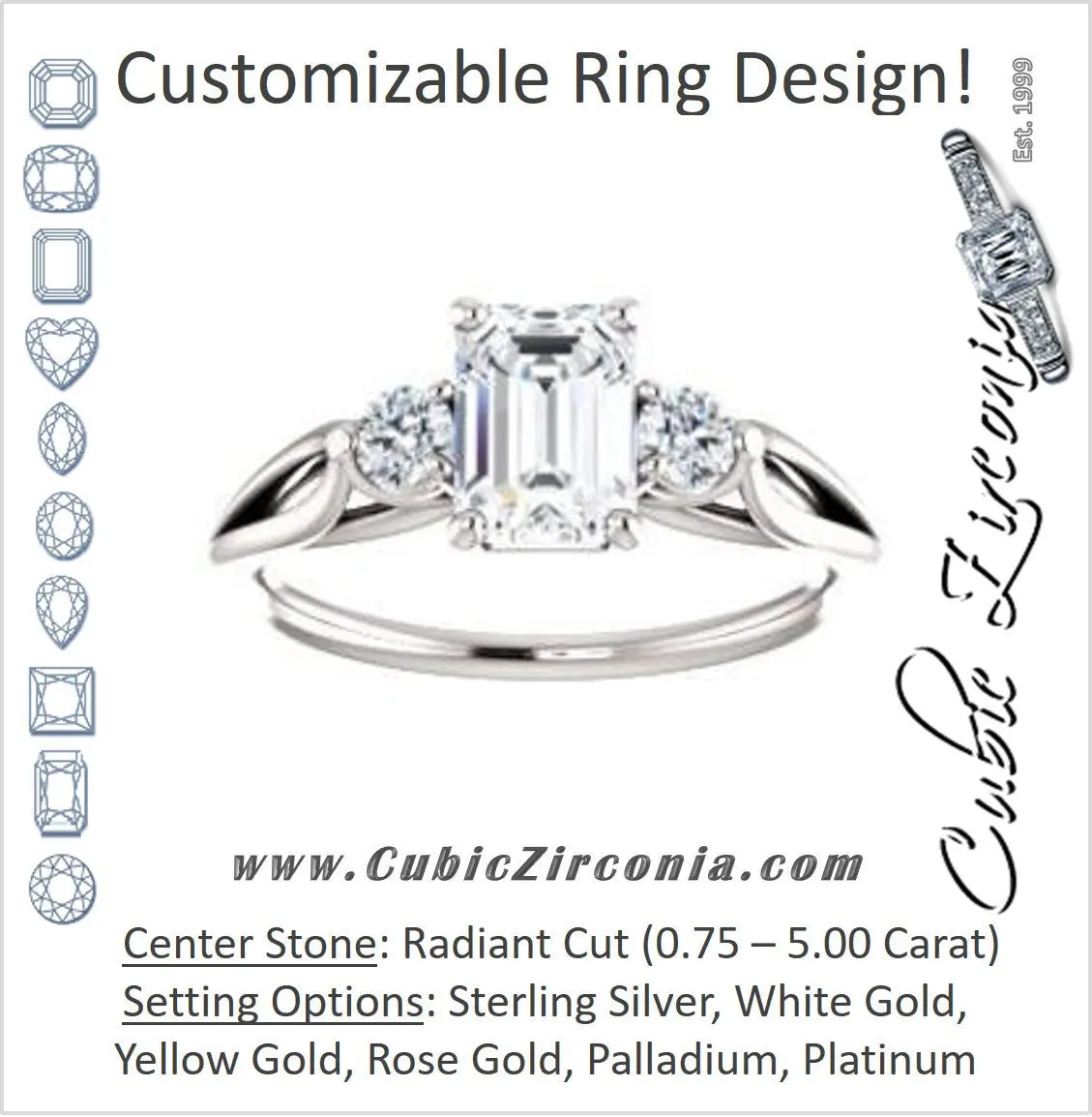Cubic Zirconia Engagement Ring- The Mahlia (Customizable 3-stone Design with Radiant Cut Center, Round Accents and Split Band)