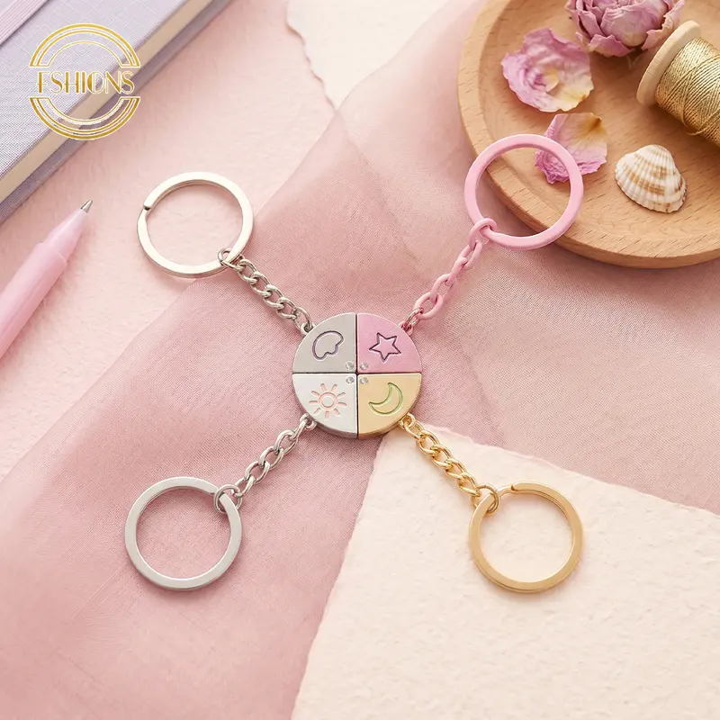 Unisex Auspicious Colorful Magnetic Metal 4-Piece Keychain Set - Sun Moon Star Cloud Puzzle Keyrings, Chain Accessory, Alternative Fashion Collectibles, Custom Gift Ideas