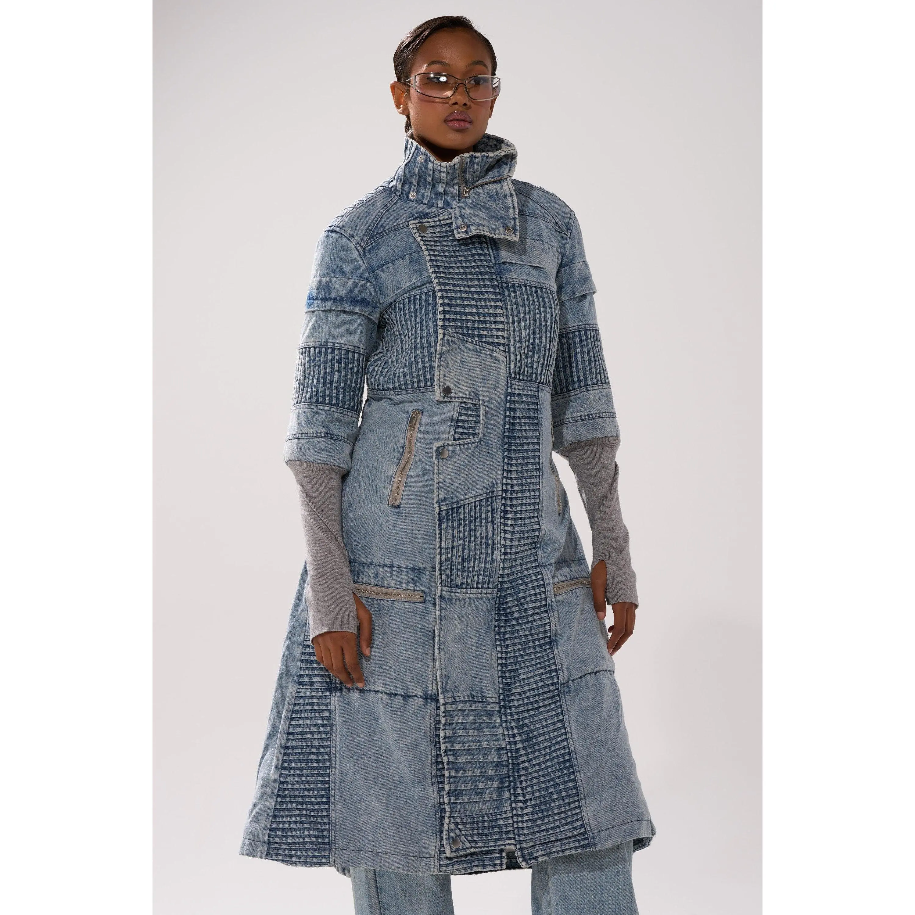 VORTEX DENIM TRENCH COAT IN BLUE