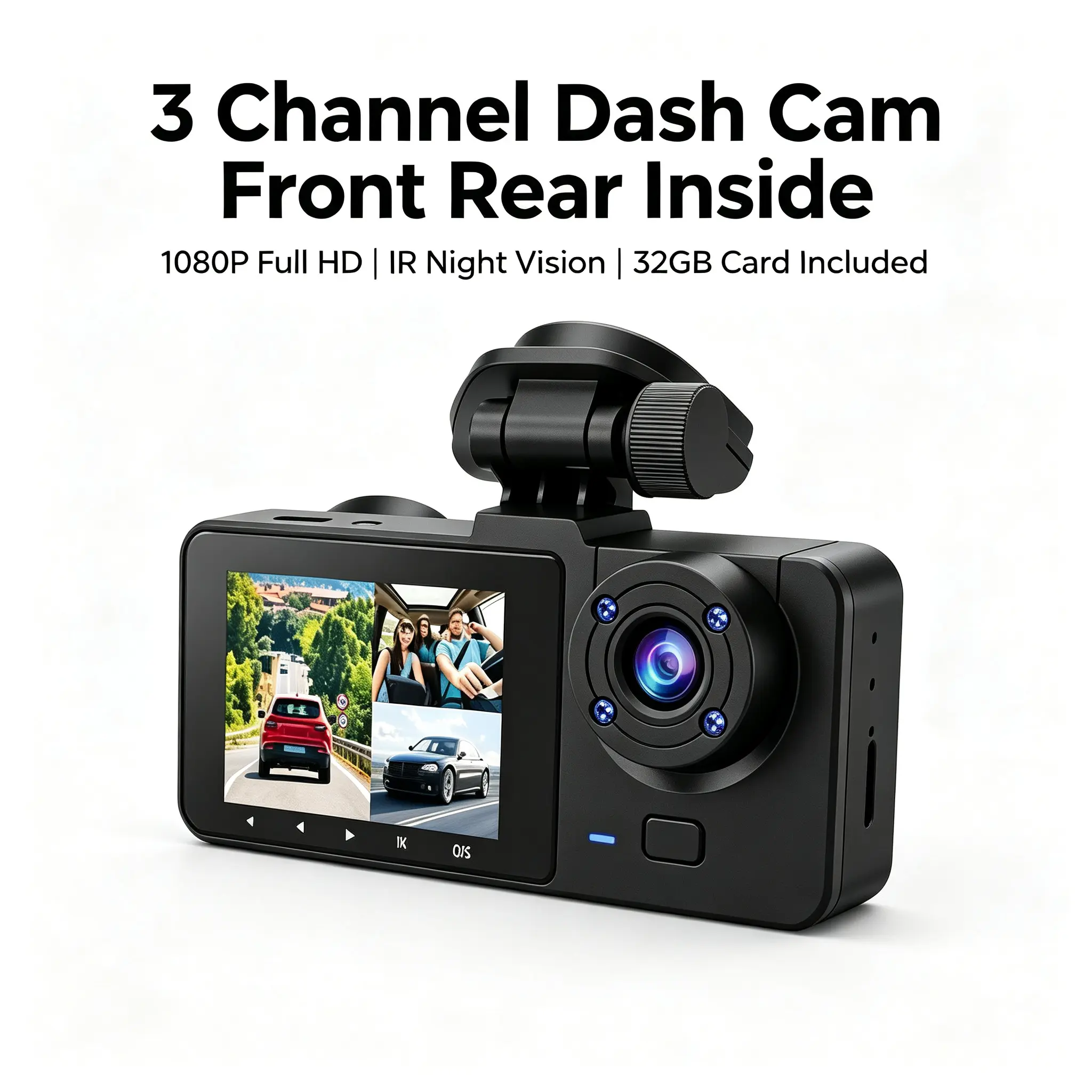 3 Channel Car Dash Cam with Waterproof Rear Camera, 1080P HDR Dashboard Recorder, IR Night Vision, G-Sensor, Loop Recording and 64GB SD Card Included