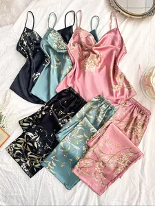 Women's Plant Print Floral Spaghetti Strap Cami Top & Pants Pyjama Set, Soft Faux Satin Comfortable Loungewear Set, Casual Comfy Camisole & Trousers Pj Set, Women's Sleepwear Pajamas for All Seasons, Womenswear