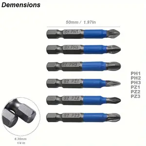 6pcs Magnetic Phillips Screwdriver Bit Set, Non-Slip Cross Head, 1/4" Hex Shank, S2 Steel - PH1 PH2 PH3 PZ1 PZ2 PZ3, Ideal for Electric Drills, Enhanced Grip & Durability, Screwdriver Set, Drill Bits