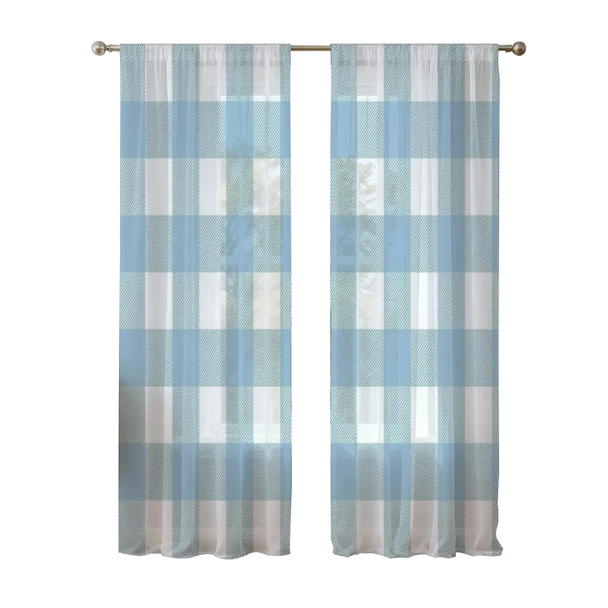 2pc Blue Plaid Print Curtain Panels, Window Drapes, All-Seasons Use, Rod Pocket Hanging, Half Light Blocking, Polyester Fiber Suitable for home decoration in bedrooms, living rooms, bathrooms, Home Decorative Curtain