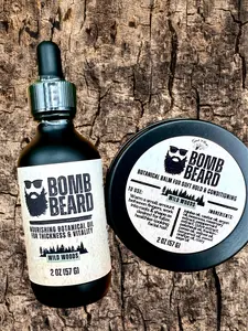 BOMB BEARD -- Nourishing Botanical Oil for Thickness & Vitality & Botanical Balm for Soft Hold & Conditioning Hair Care with Argan Oil, Jojoba Oil, Beeswax (Earthy, Woodsy, Grounding, Lightly Citrus Aroma)