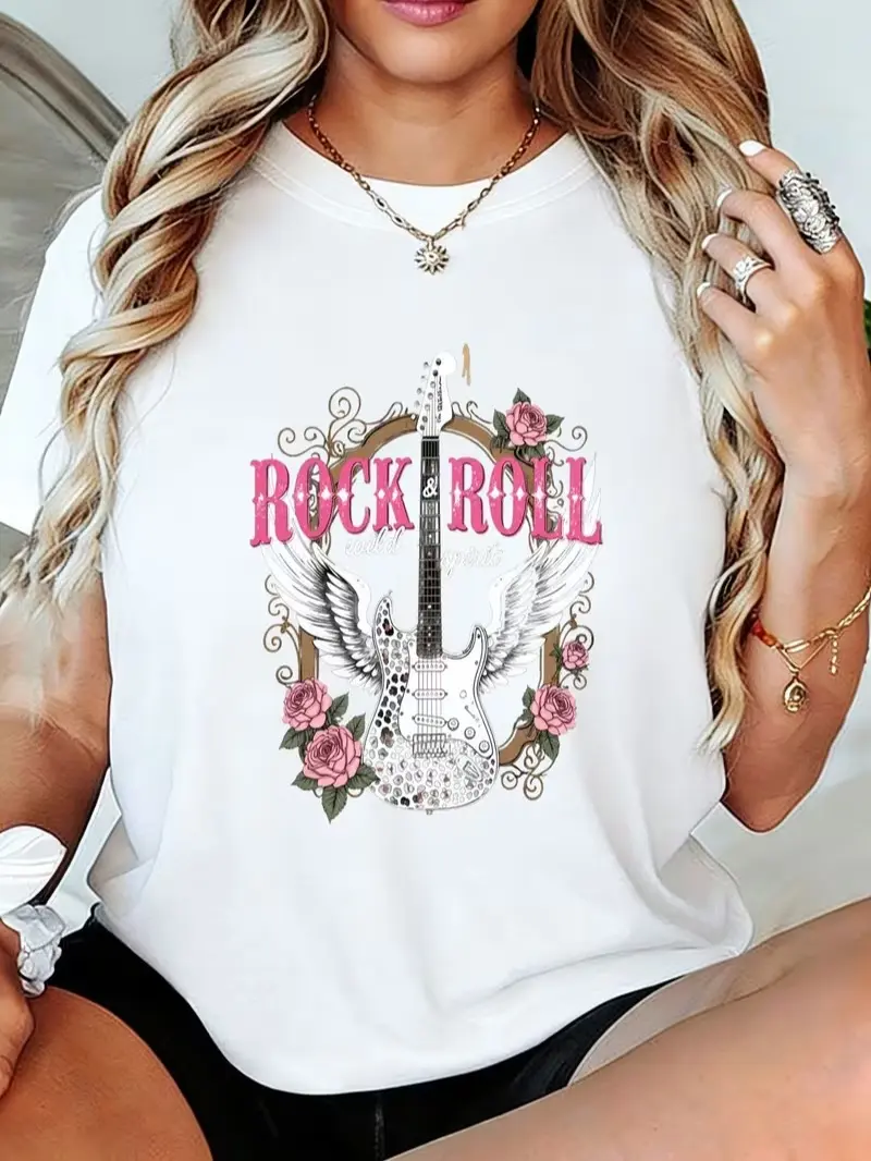 Rock And Roll Electric Guitar Wings Pink Roses T-Shirt - Women'S Loose Fit Graphic Tee with Bold 'ROCK ROLL' Print, Soft Casual Top for Summer, Perfect Gift for Music Lovers And Rock Fans