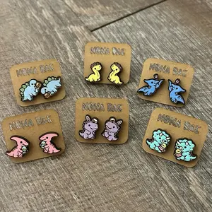 Spring Dinosaur Earrings – Cute Pastel Dino Wooden Studs