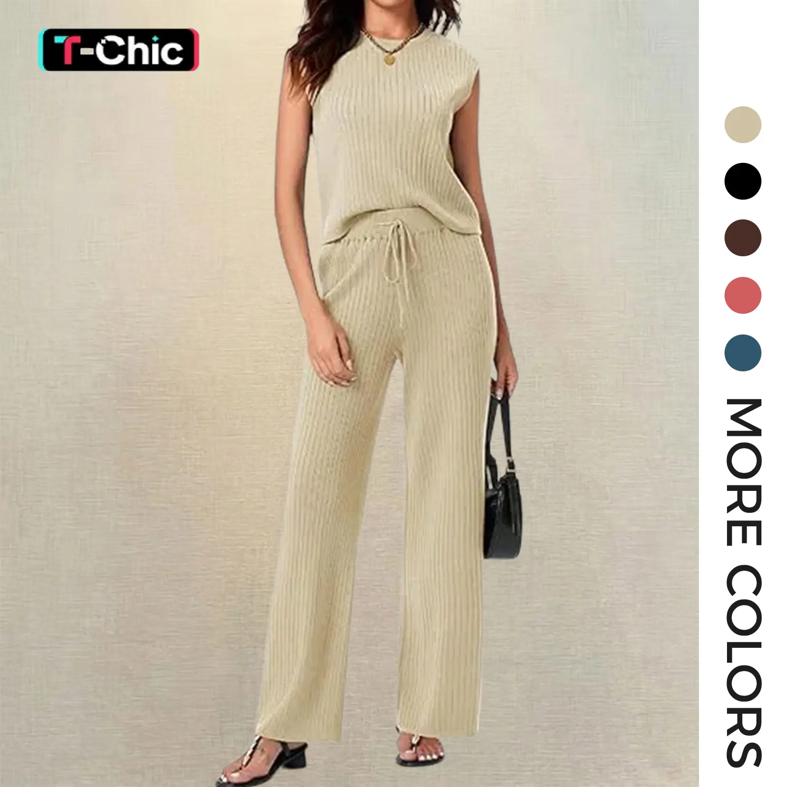 TANKANEO Women's Fitted 2-Piece Ribbed Knit Lounge Set - Round Neck Sleeveless Top, Wide Leg Trouser Matching Outfit for Summer Vacation, Minimalist