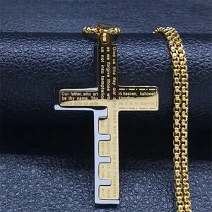 Unisex Gold-Toned Stainless Steel Inspirational Cross Emblem Necklace, Bible Pattern Charm Long Length Chain Jewelry Accessory, Cross Emblem Necklaces, Gold-Toned Cross Necklaces