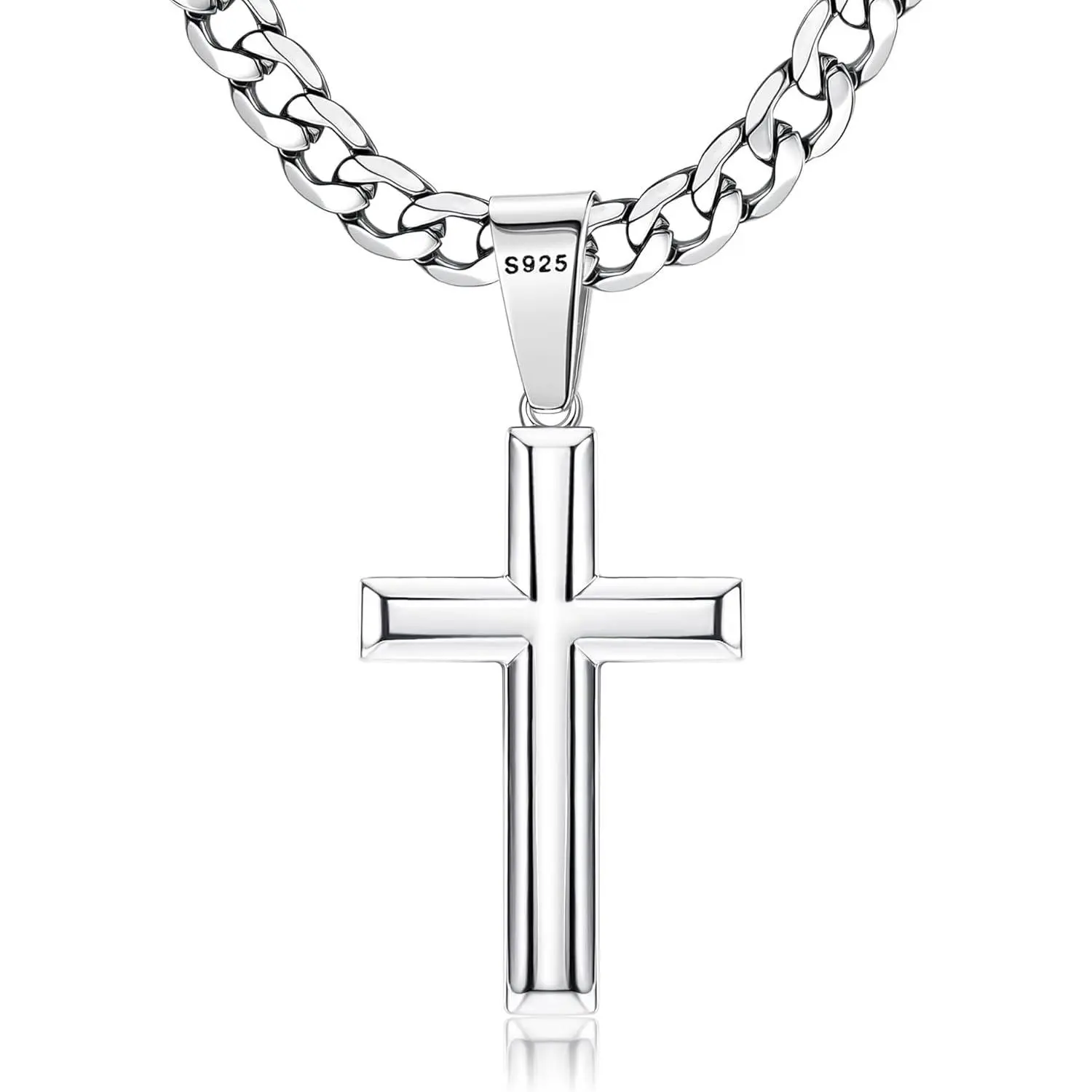 925 Sterling Silver Cross Pendant Necklace with 5mm Big Beveled Edge Stainless Steel Diamond Cut Curb Cuban Link Chain, 16-30 In, Men's Jewelry, Jewelry for Women, Diamond Cross Pendant Necklaces, Necklaces For Women, Unisex