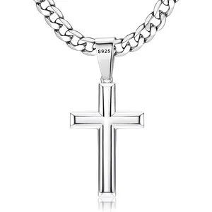 Fashionable 925 Sterling Silver Cross Necklace for Men Women 5mm Big Beveled Edge Men's Stainless Steel Diamond Cut Curb Cuban Link Chain Crucifix Cross Pendant Jewelry 16-30 Inches