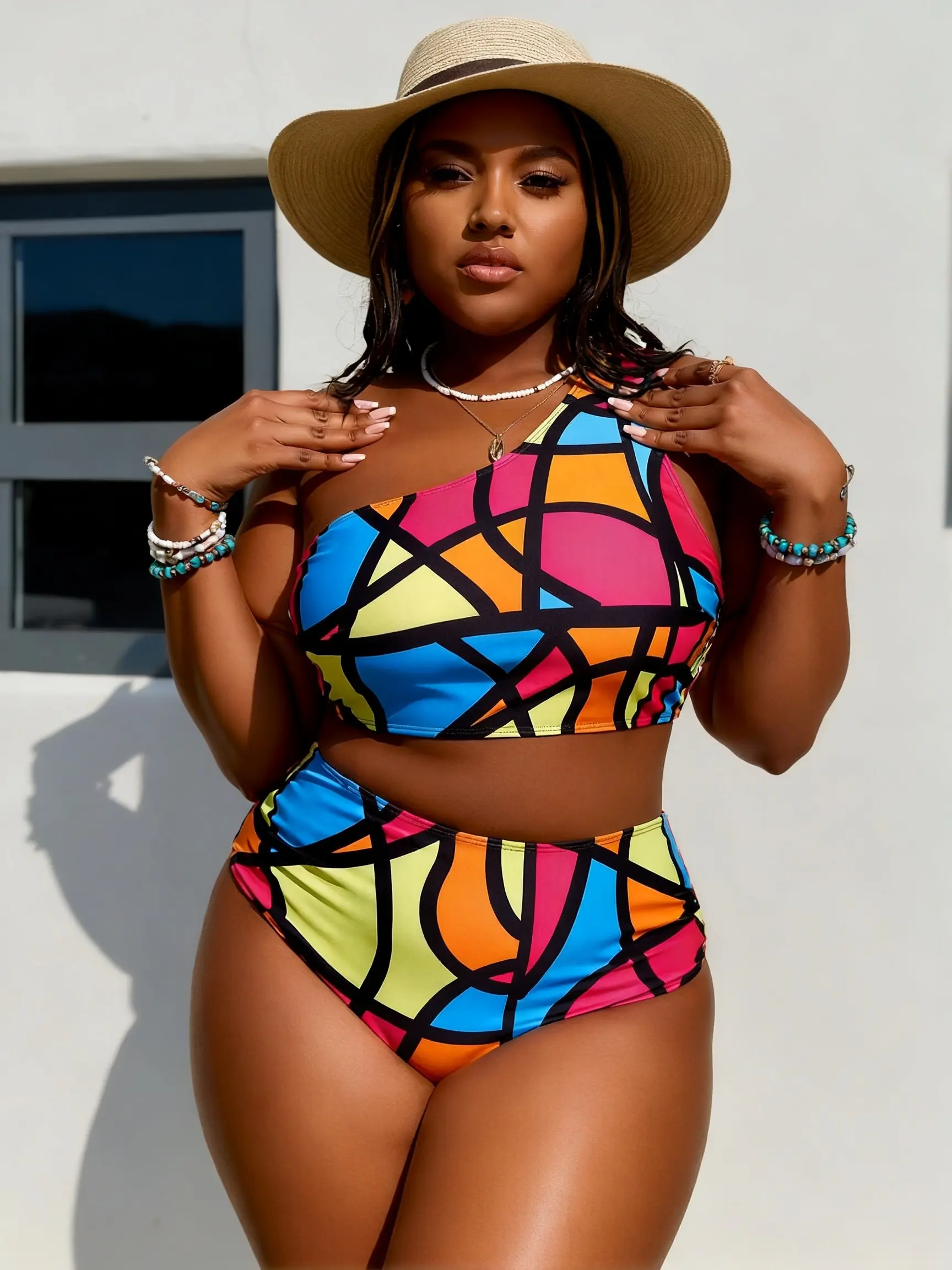 Plus Size Checkerboard Bikini Set, Ruched High Rise Swimsuit in Double Lined Nylon Spandex, Chlorine-Resistant & UPF50+ UV Protective for Beach Wear, Beach Swim, Hand Wash