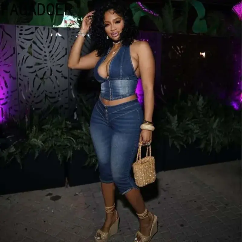 summer autumn clothes Y2k Streetwear Fashion Denim 2 Piece Sets Woman Outfit Sleeveless Backless Halter Crop Top and Jeans  Pants Suit New Womenswear Check Light Gamis Trouser Basic Minimalist Short