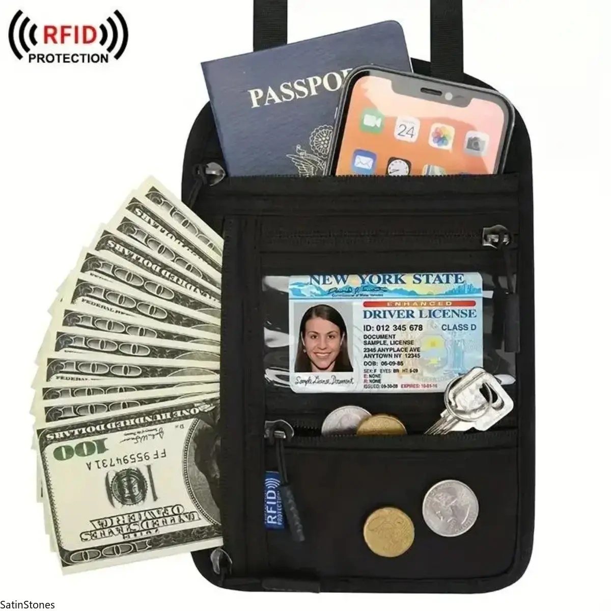 Unisex RFID Blocking Neck Wallet - Durable Nylon Passport Holder, Adjustable Neck Strap, Concealable Multi-Functional Crossbody Pouch for Secure Storage, Travel Accessories