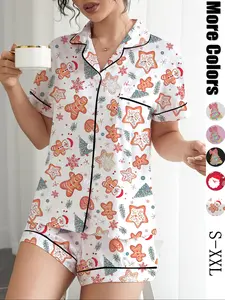 【Christmas】Women's Christmas Pajama Loungewear Set, Cute Cartoon Style, Santa Snowflake Reindeer Gingerbread Prints, Short Sleeve Lapel Top & Shorts