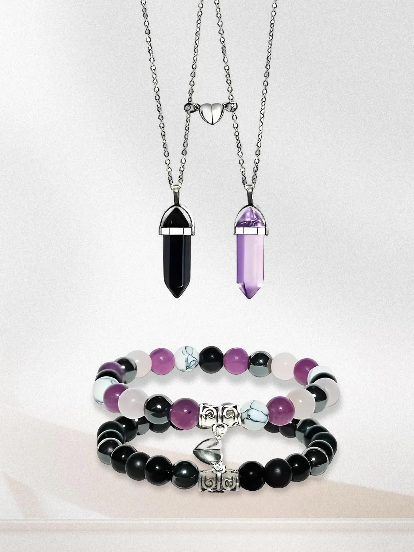 Natural Stone Crystal Jewelry Set, Couple Love Bracelet & Hexagonal Pillar Necklace, Fashion Jewelry Accessories for Women & Men, Couple Gift, Versatile Wear, Alloy, Polyamide, Unique Properties, Magnets