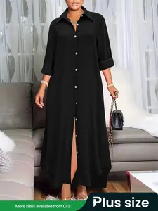 【Plus Size】Solid Color Basic Shirt Collar Long Sleeve Dress, Casual Button Decor Long Dress for Daily Wear, Women's Plus Clothing for All Seasons, Spring Dresses, Womenswear