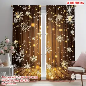 Pack of 2, 2D flat, Christmas theme curtains, with snowflake pattern, rural wood background, suitable for home window decoration, Christmas decoration, home decoration, Window decorations supplies