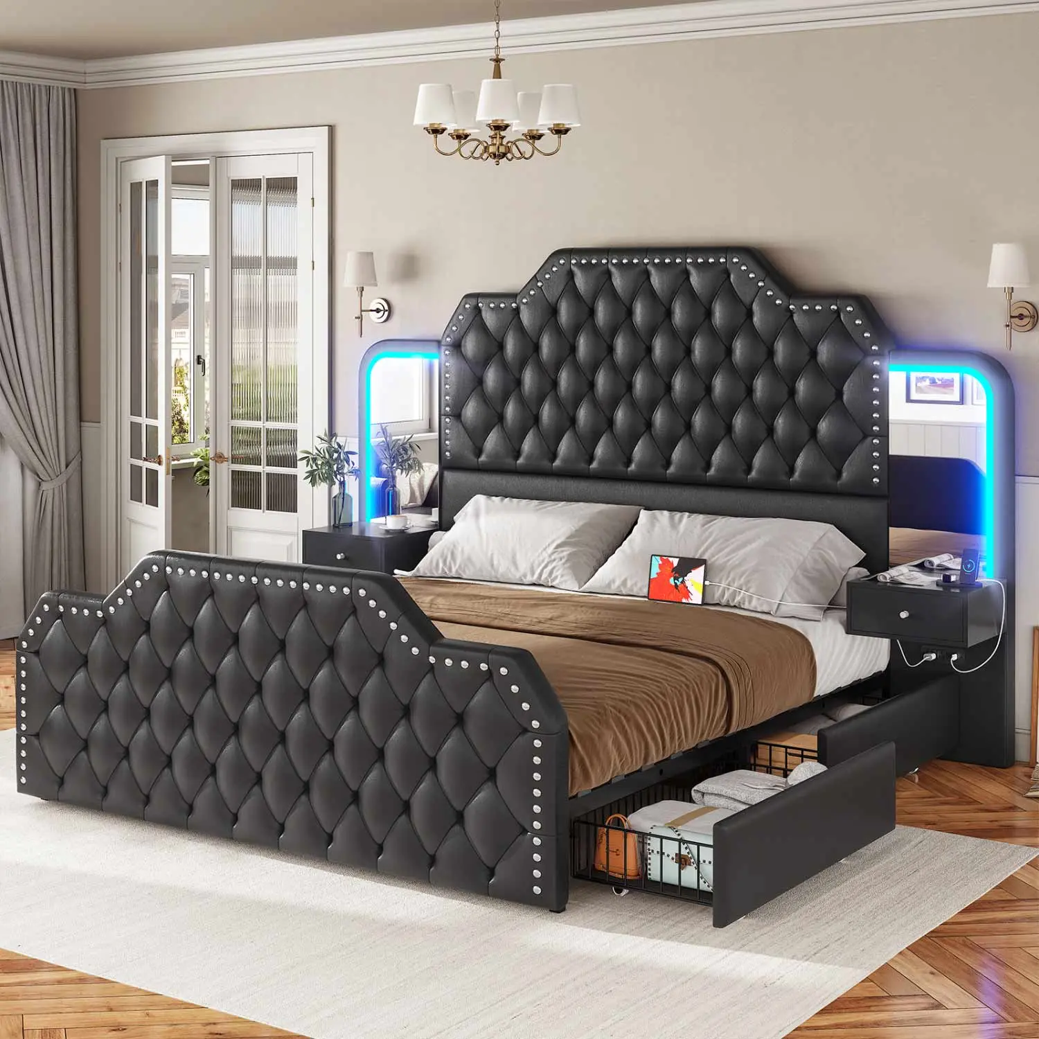 SIKAIC Modern 5-Piece LED Bed Frame Set with 2 Nightstands & 2 Mirrors, Black PU Leather Upholstered Platform Bed Suite, No Box Spring Needed,dorm essentials,home decor