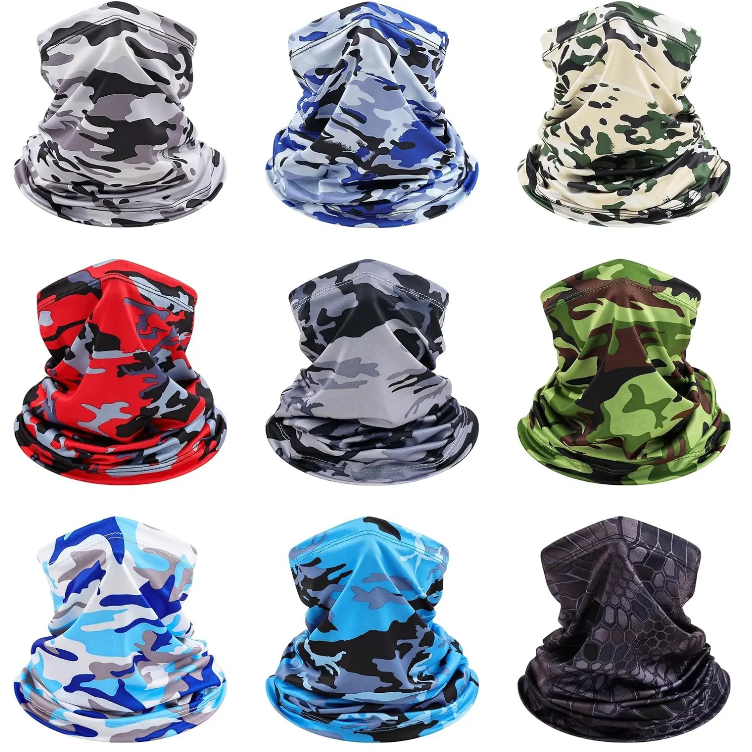9-Pack Polyester Balaclava Neck Gaiter Face Mask - Cooling, UV Sun Protection, Breathable, Stretch Fit Head Cover Scarf, Multi-Camo, 1 Size for Men, Outdoor Work, Cheap Balaclava Neck Gaiter Masks