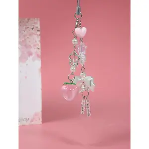 Honey Peach Kawaii Y2K Phone Charm, Cute Bowknot Bead Keychain, Handmade Sweet Girl Accessory for Phone & Camera Chain, Hearts