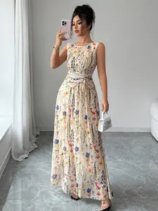 Women's Elegant Floral Mesh Dress, Sleeveless Long A-Line Party Gown, Comfortable Office Wear, Chic Evening Dress, Versatile Daily