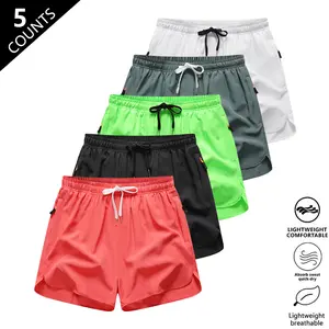 Pack of 5 women’s summer solid-color drawstring shorts with zippered pockets; breathable, quick-drying fabric that feels silky and skin-friendly—ideal for casual vacations, everyday outings, beach trips, and outdoor activities,Summervibes