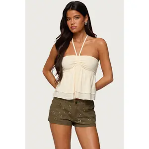 Layered Linen Look Babydoll Halter Top