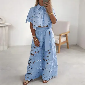 Summer Women's  New Retro Lace Outfit Set Short Sleeved Blouse Tops & Tie-up Pants Two-Piece Embroidery Hollow Temperament Suit  for Casual & Special Occasions tiktokshopspringglowup