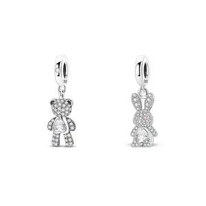 MULA 925 Silver-plated Teddy Bear Charm for Pandora Bracelet – Sparkling Pave Cubic Zirconia Bear Hug Dangle Bead with Heart Center, Cute Animal Necklace Pendant Jewelry Gifts for Women & Teen Girls