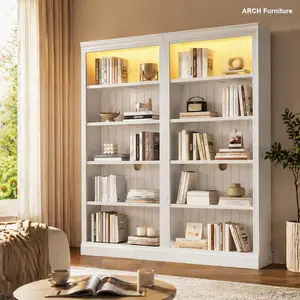 83" Tall White Wood 5-Tier Free-Standing Bookshelf - Adjustable Shelves, Light Strip, Decor Organizer, Apartment Stuff, Studio Apartment Furniture, Bedroom Shelves