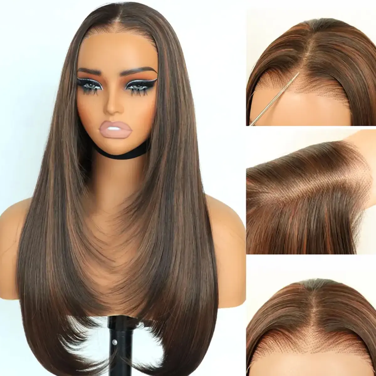 Synthetic layered cut 9x7 Lace Front Wig Glueless Wear And Go Pre Plucked Pre Cut Straight Wig Natural  Hairline with Tiny Knots Premium Fiber