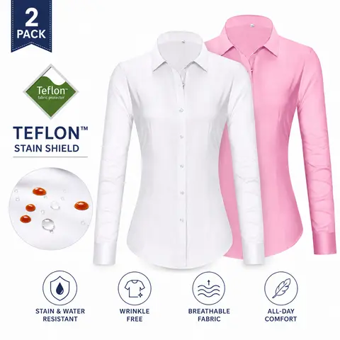 2-Pack Siliteelon Button Down Stain Shield Shirts for Women Collared Wrinkle Free Basic Classic Fit Long Sleeve Tops Business Casual  Office Work Classy Layering Blouse Fall Winter Outfits Inspo