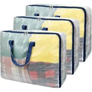 Ineetatu Clear Storage Bags with Zipper, 75L Extra Large Capacity - Closet, Underbed Storage Organizer for Clothes, Bedding, Comforter, Toys, Pillow & Blanket, 3 Pack