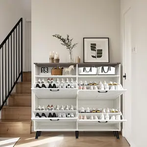 Garvee Flip Drawer Shoe Cabinet with 4 Flip Drawers, Slim Narrow Shoes Storage Cabinet with 2 Open Storage Compartment, Anti-Tip Device Slim Shoe Cabinet for Living Room Hallway Entryway