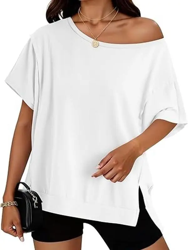 Yousify Women's Oversized Knit Top Wide Neckline Short Sleeve Batwing Pullover One-Shoulder Casual Solid Color Knitwear Basic Minimalist,summerwins,summeroutfits,vacationoutfits,beachoutfits,back to school,back to school shopping