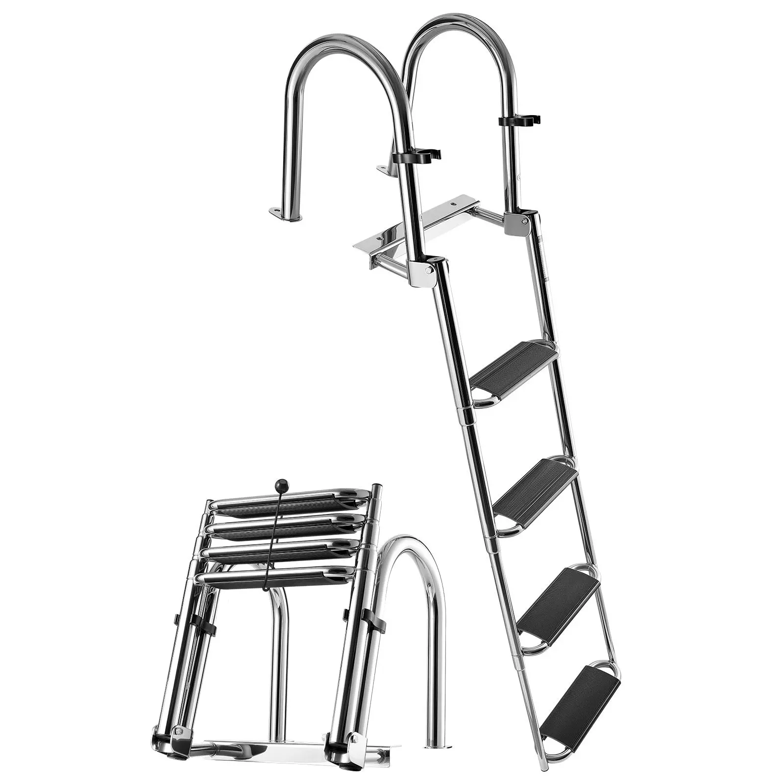 【summerfinds】VEVOR Boat Ladder, 4 Steps, Stainless Steel Telescoping Folding Swim Deck Ladder for Rear Entry Inboard, 600lbs Capacity with Extra Wide Anti-Slip Steps & Handrails, for Outboards, Yacht, Pontoon Boat, Pontoon Boat Accessories