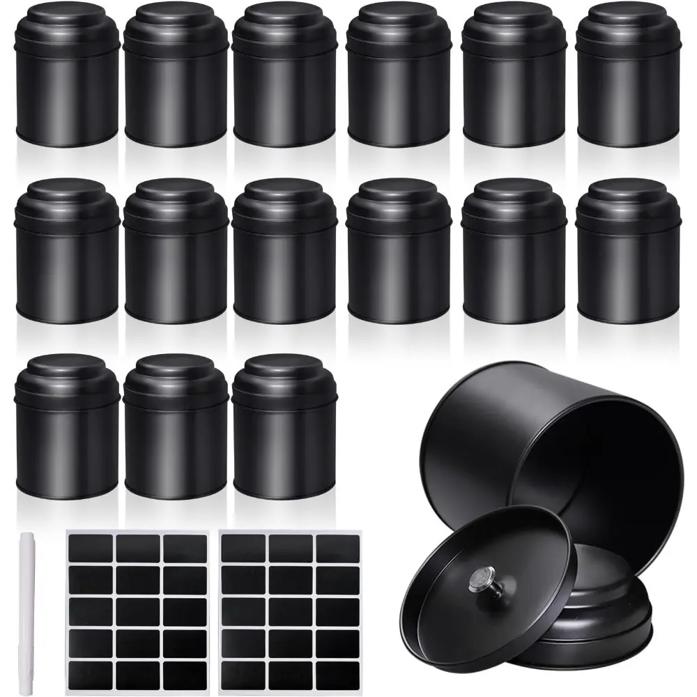 15 Pieces Tea Canisters 8 oz Round Tin Can Containers with Sealed Double Lids for Loose Leaf Tea, Coffee, Sugar, Candy, Spices Storage(Black) Bottles Organiser