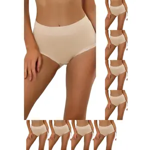 INSPIRE CHIC Women's Cotton Solid High-Rise Lace Trim Tummy Control Full Coverage Briefs 9 Packs 9 Beige Large