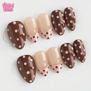 10pcs Handmade Chocolate Milkshake Polka Dot Press-On Nails | Almond Shape, Nude & Brown with Pink Dots | Reusable Fake Nails for Sweet Treats & Cozy Vibes | Easy to Apply, Salon Quality Nail Art for Daily Wear, Parties & Dates