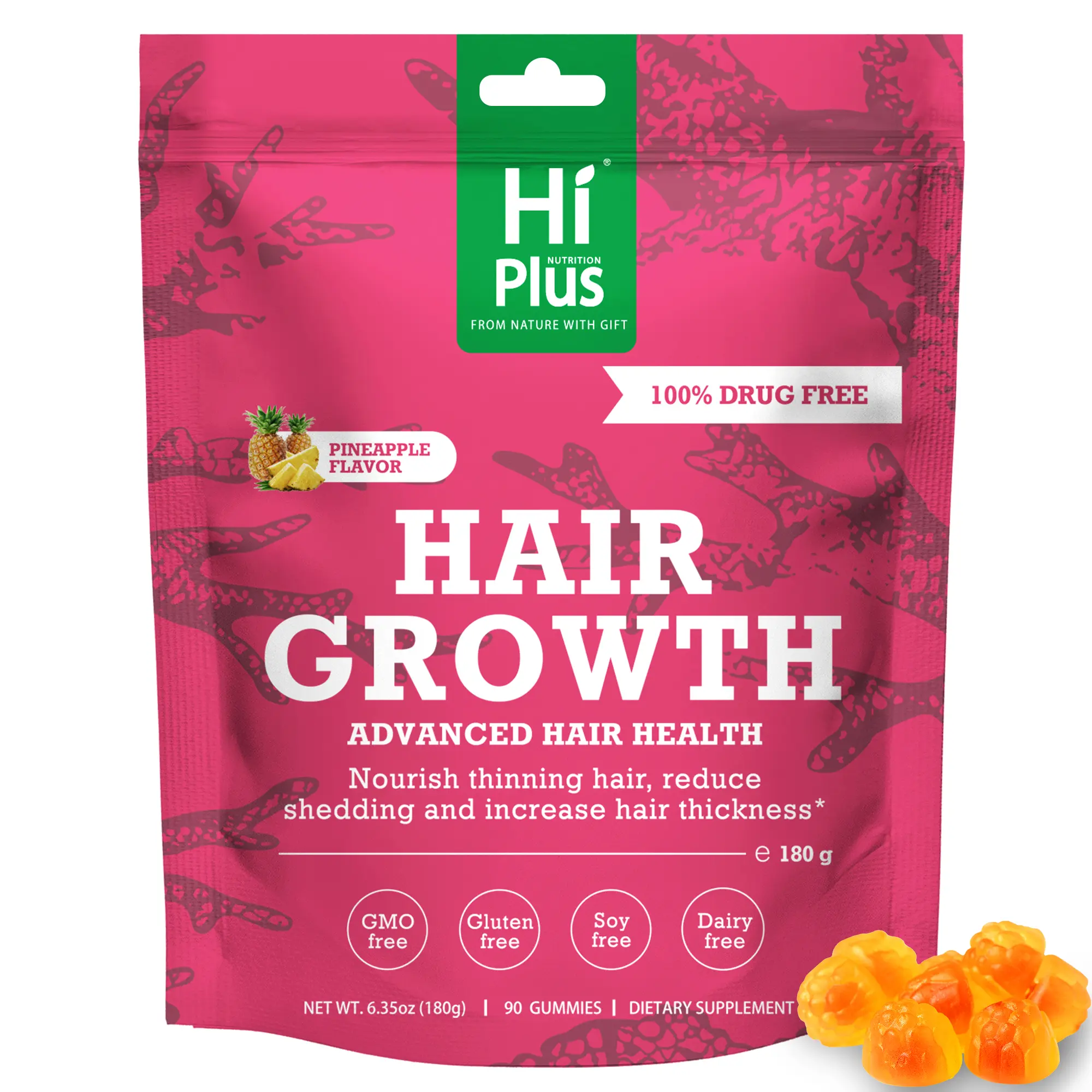 HiPlus Hair Growth Accelerator Edible Dietary Supplement - Men’s Adult Thickening Beauty Vitamin for Hair & Nail Care, Drug-Free Proprietary Collagen Boost, Biotin, Creatine, Vitamin C, Clinically Proven Scalp Coverage, Anti-Aging Support