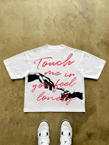 1Pcs Mens White Boxy Cropped T-Shirt | Touch Me If You Feel Lonely Red Slogan Tee | Minimalist Y2K Streetwear Top for Men & Women