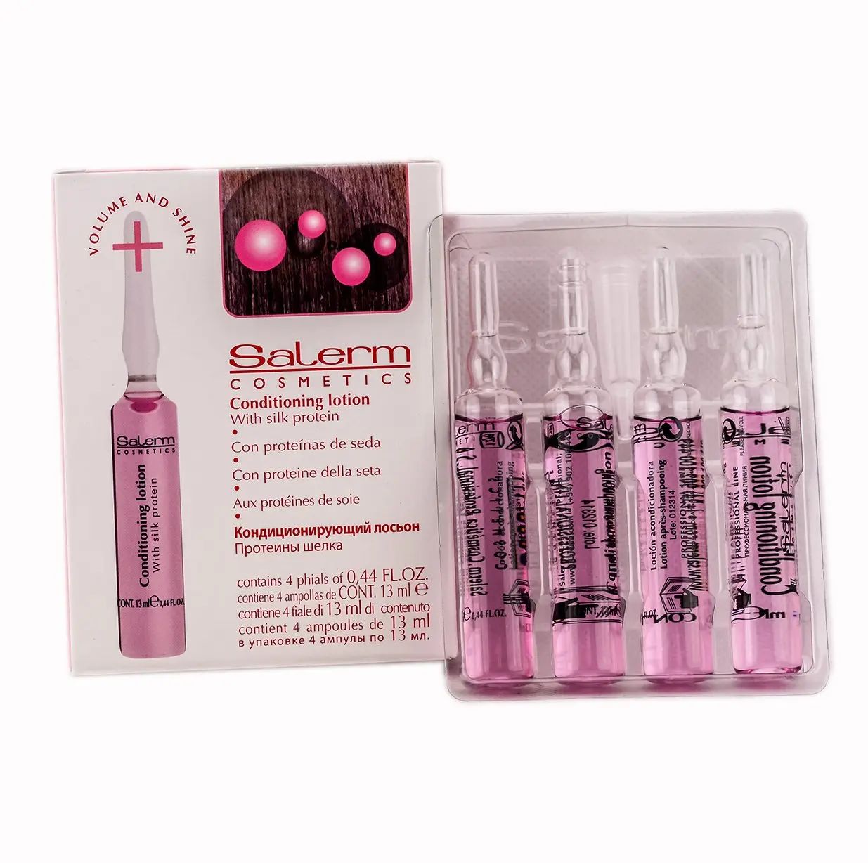 SALERM Cosmetics Silk Protein Leave-In Conditioner Lotion - Alcohol-Free Haircare for Weak Hair, Volume Boost, Shine, Internal Repair, Youthful Nourishment, 4-Vials Pack (0.44 oz Each, All Hair Types)