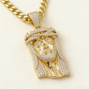 Gold Plated Jesus Face Pendant Necklace with Full Diamond Cuban Link Chain for Jewelry Collection  Cherished Accessory Luxurious