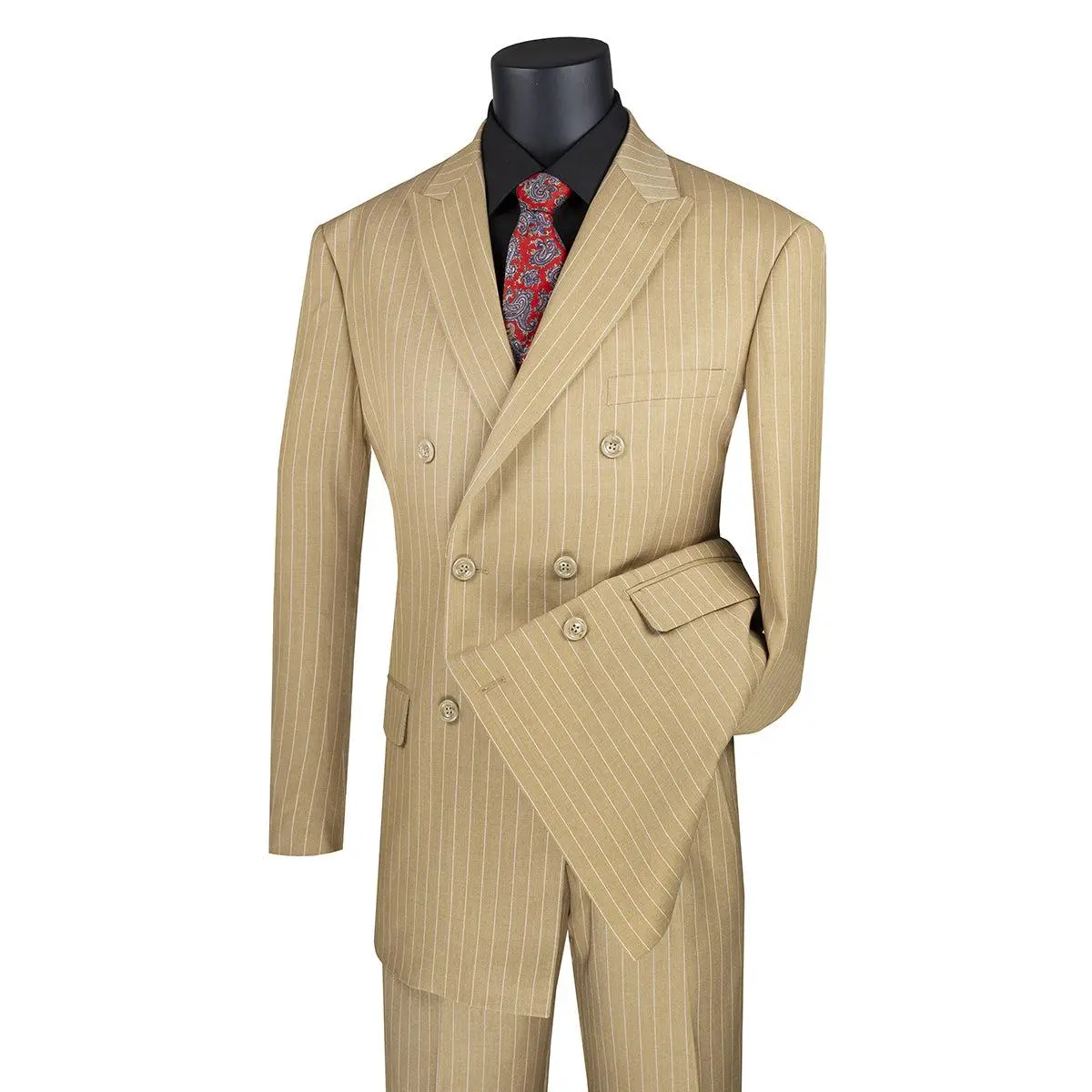 Mens Double Breasted Gangster Bold Pinstripe Suit in Camel