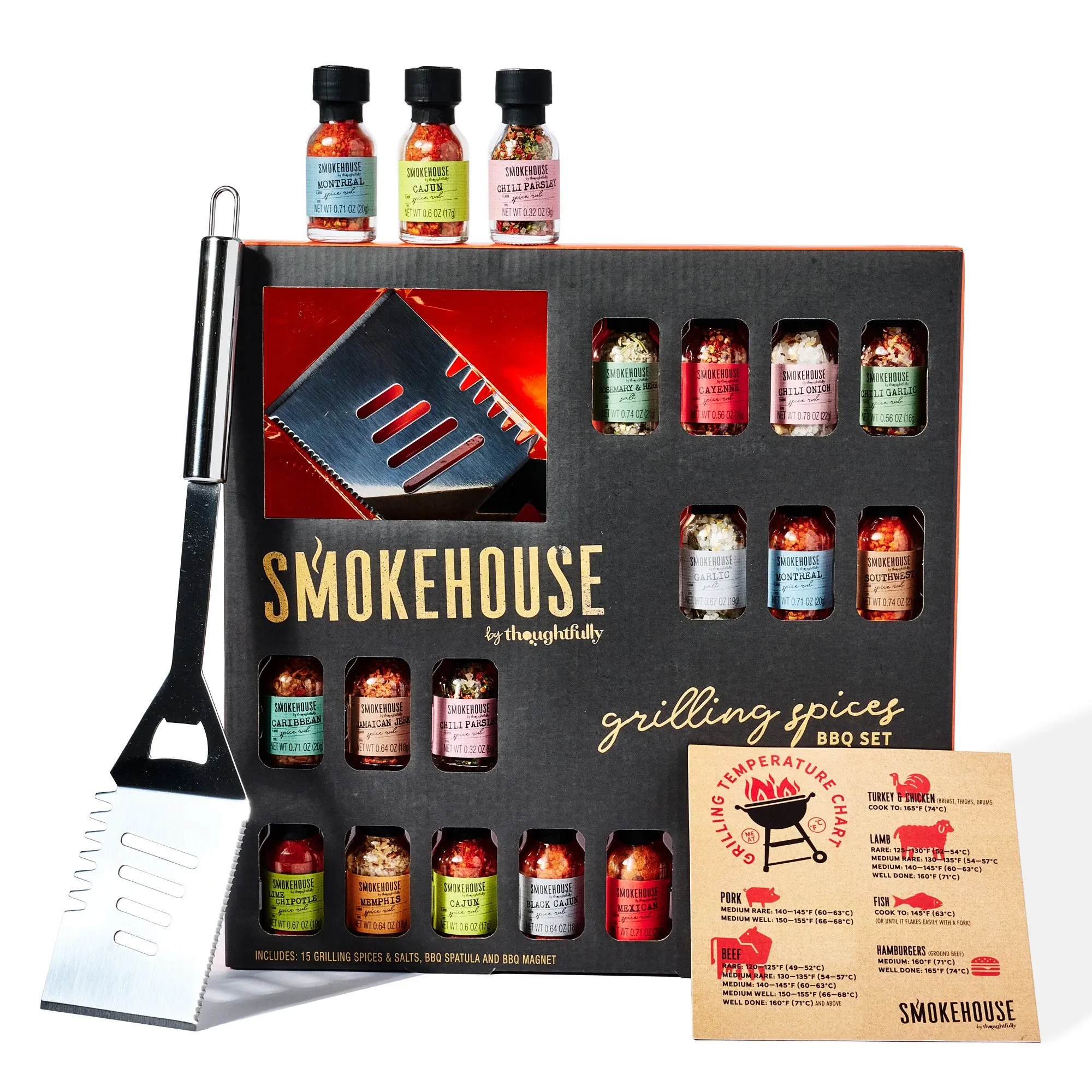 Smokehouse by Thoughtfully, Grilling Spices BBQ Set, Includes BBQ Spatula, Magnet and 15 Flavorful Seasoning and Rubs - Great Gift for Holiday, Men, Dad, Husband