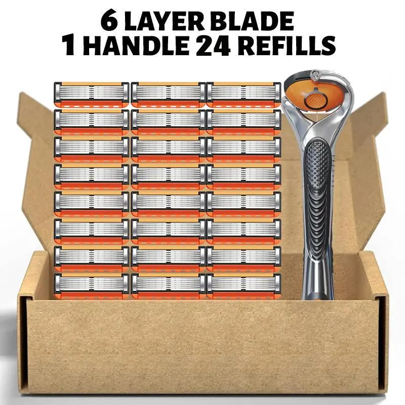Men's Razor Blade Replacement Refills with Handle, Available in 24-Blade or 48-Blade Packs, Sharp Head Shaver Blades for Daily Grooming